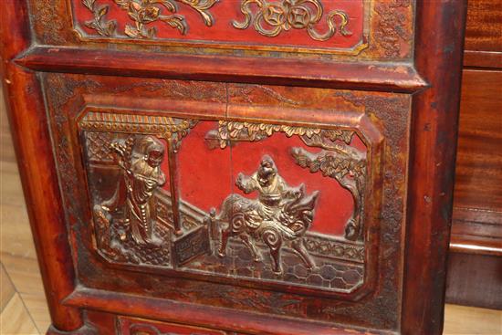 A pair of 19th century Chinese carved wood and glazed panels W.41cm
